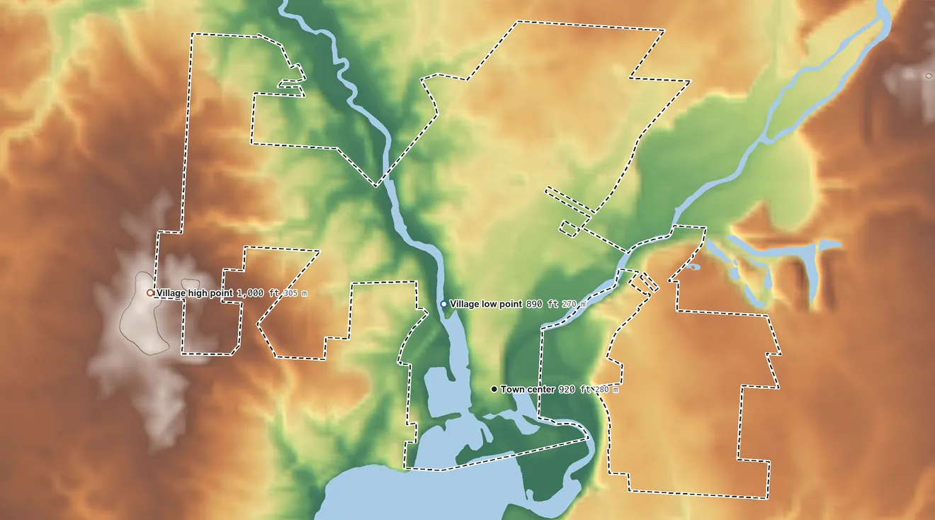 Topographic elevation map of Galena, Ohio, shaded from 890 ft on the northwest side to 1,000 ft on the west side