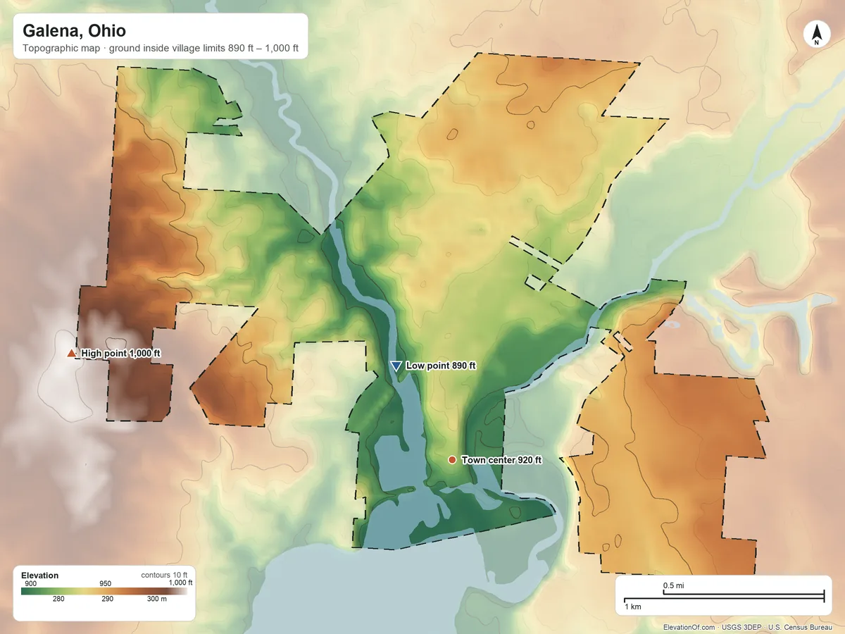 Topographic elevation map of Galena, Ohio, shaded from 890 ft on the northwest side to 1,000 ft on the west side
