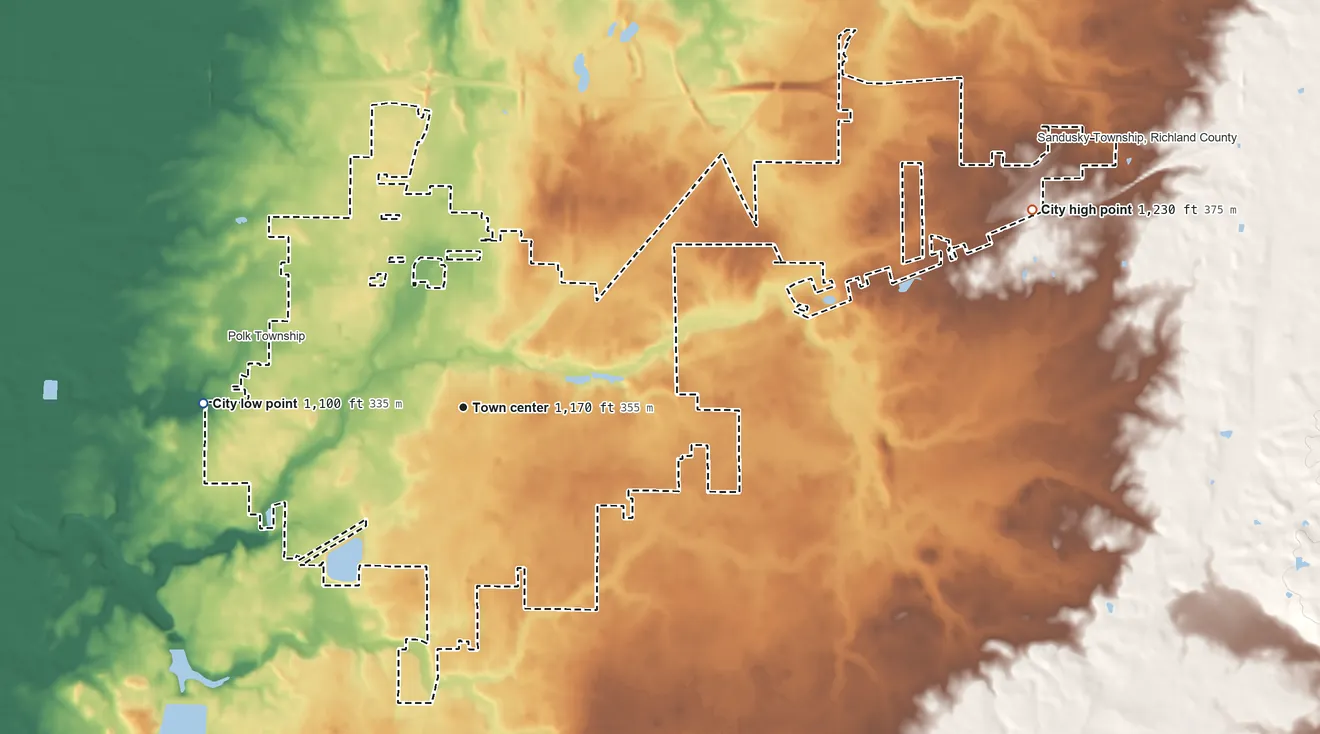 Topographic elevation map of Galion, Ohio, shaded from 1,100 ft on the west side to 1,230 ft on the east side