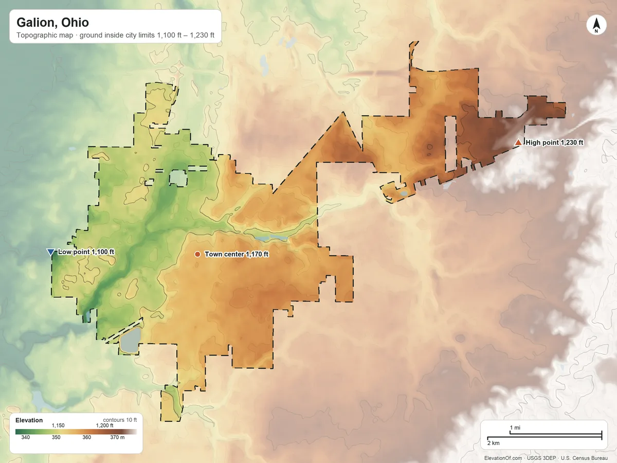 Topographic elevation map of Galion, Ohio, shaded from 1,100 ft on the west side to 1,230 ft on the east side