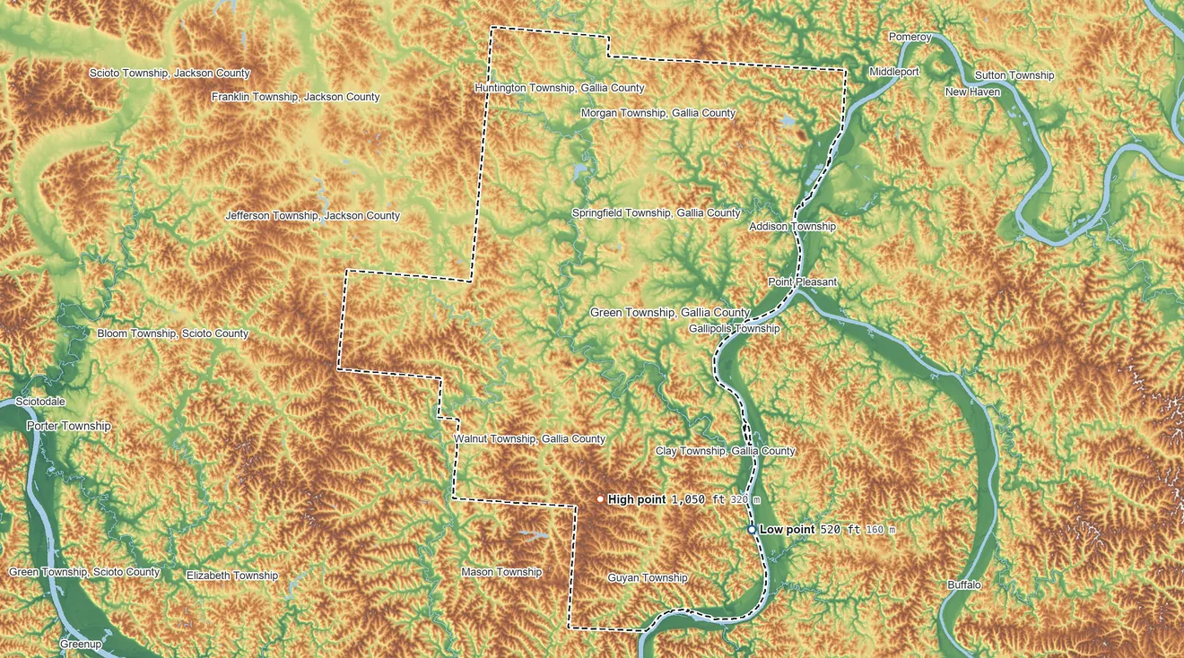 Topographic elevation map of Gallia County, Ohio, shaded from 520 ft on the southeast side to 1,050 ft on the south side