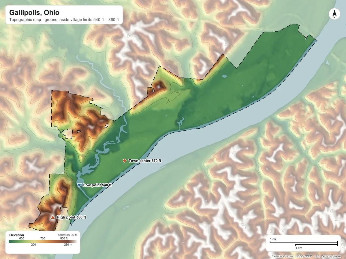 Topographic elevation map of Gallipolis, Ohio, shaded from 540 ft on the southwest side to 860 ft on Fortification Hill