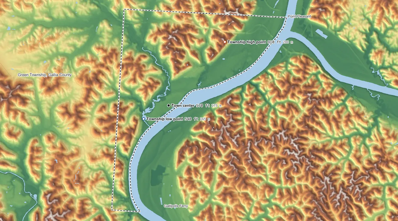 Topographic elevation map of Gallipolis Township, Ohio, shaded from 540 ft on the southwest side to 910 ft on the northeast side