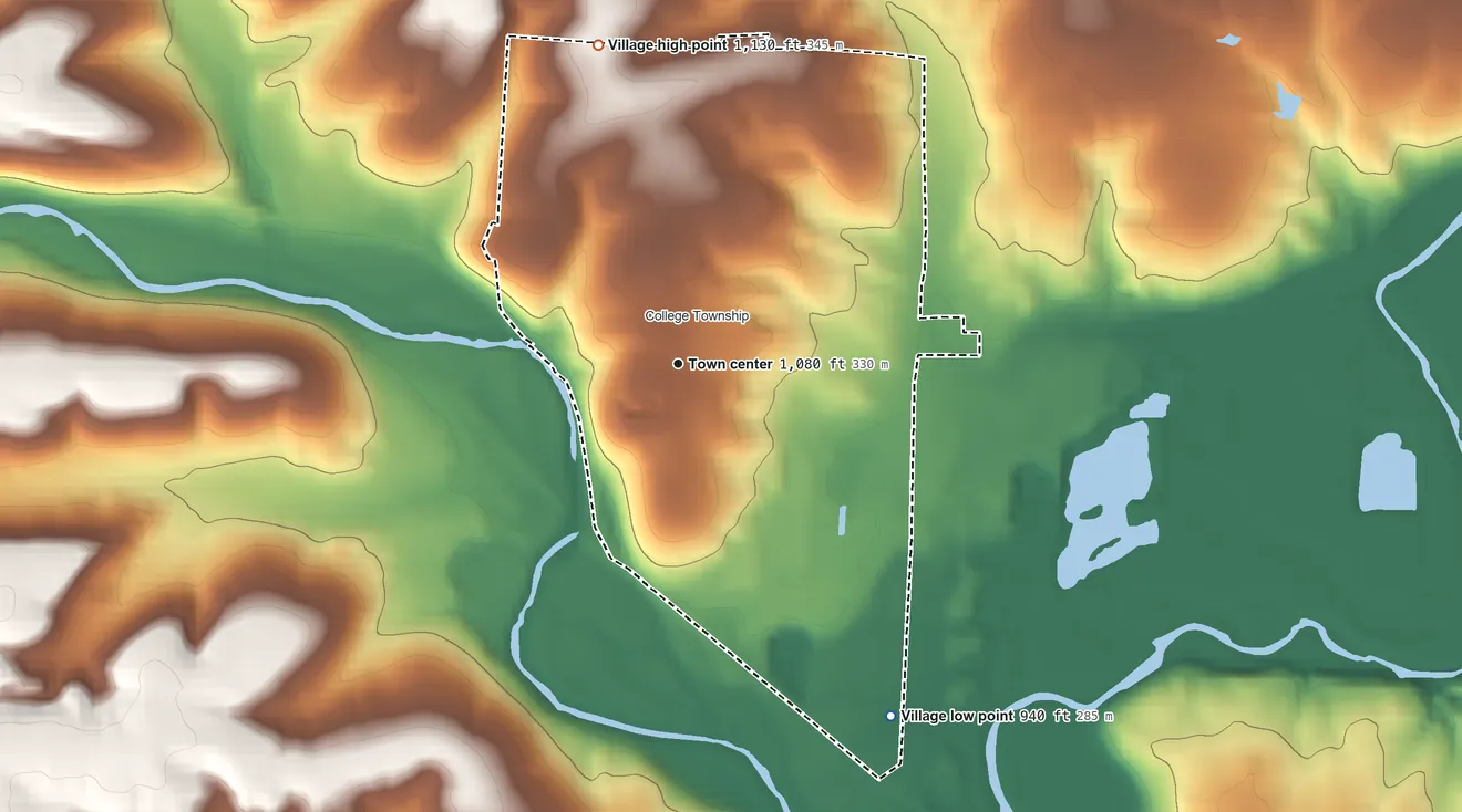 Topographic elevation map of Gambier, Ohio, shaded from 940 ft on the southeast side to 1,130 ft on the north side