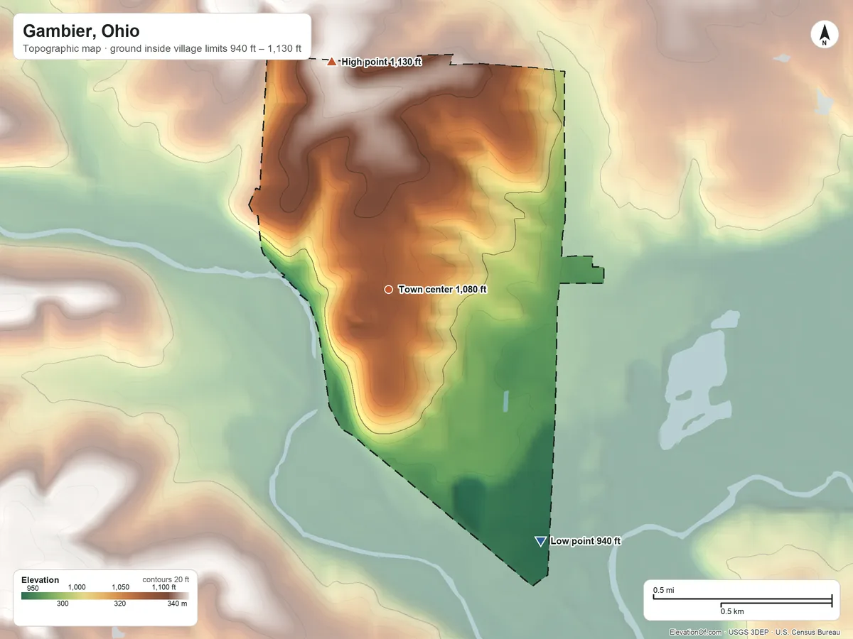 Topographic elevation map of Gambier, Ohio, shaded from 940 ft on the southeast side to 1,130 ft on the north side