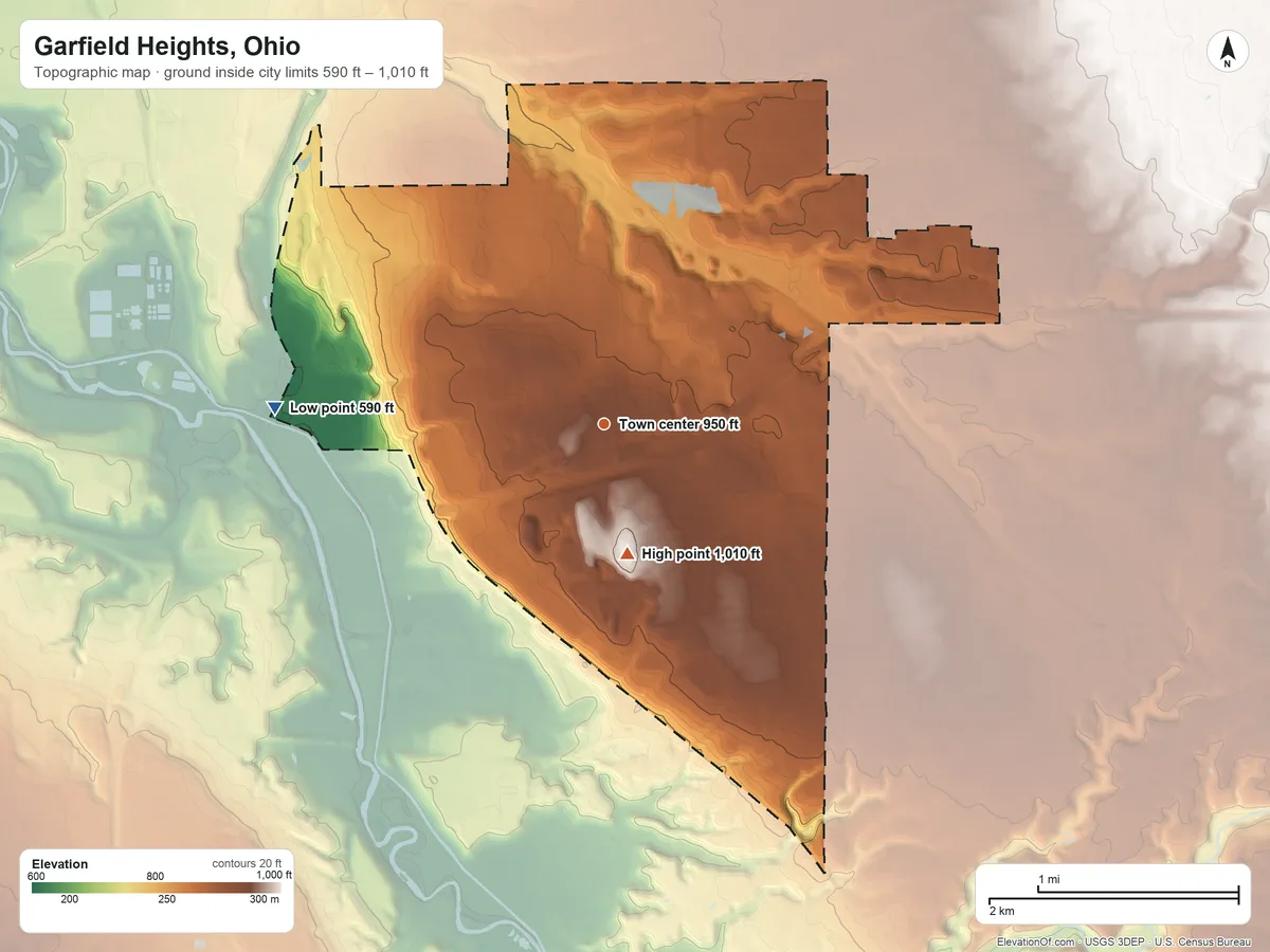 Topographic elevation map of Garfield Heights, Ohio, shaded from 590 ft on the west side to 1,010 ft on the south side