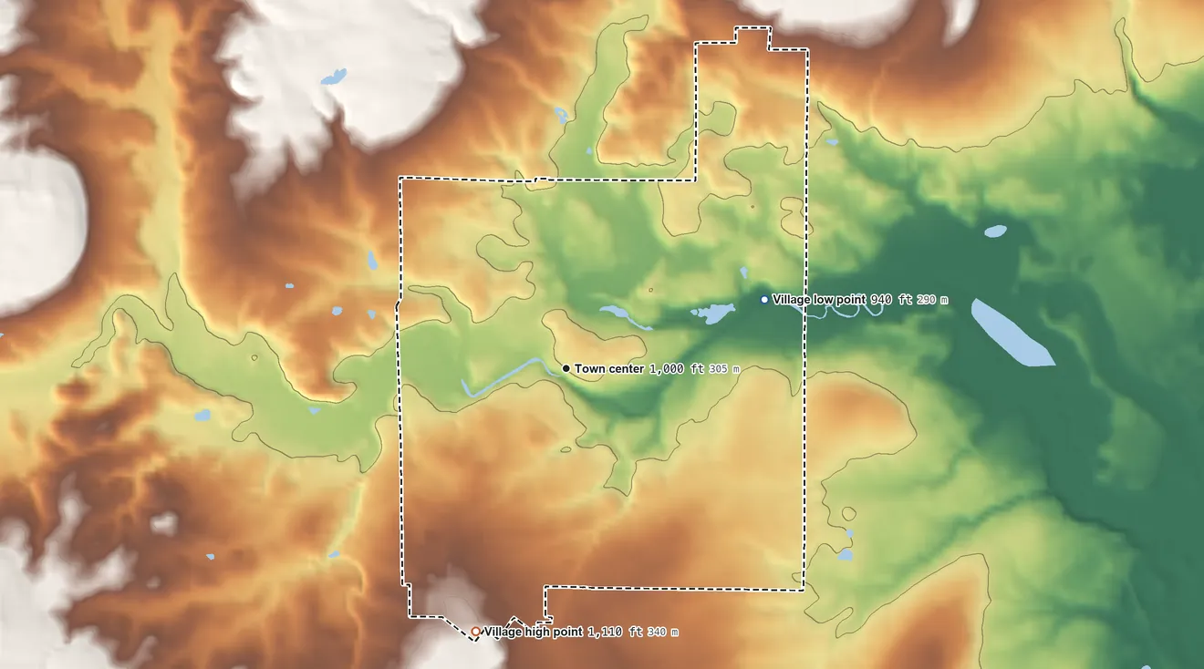 Topographic elevation map of Garrettsville, Ohio, shaded from 940 ft on the east side to 1,110 ft on the south side