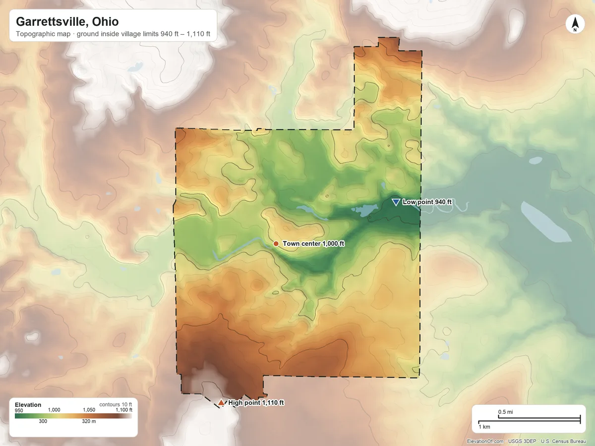 Topographic elevation map of Garrettsville, Ohio, shaded from 940 ft on the east side to 1,110 ft on the south side