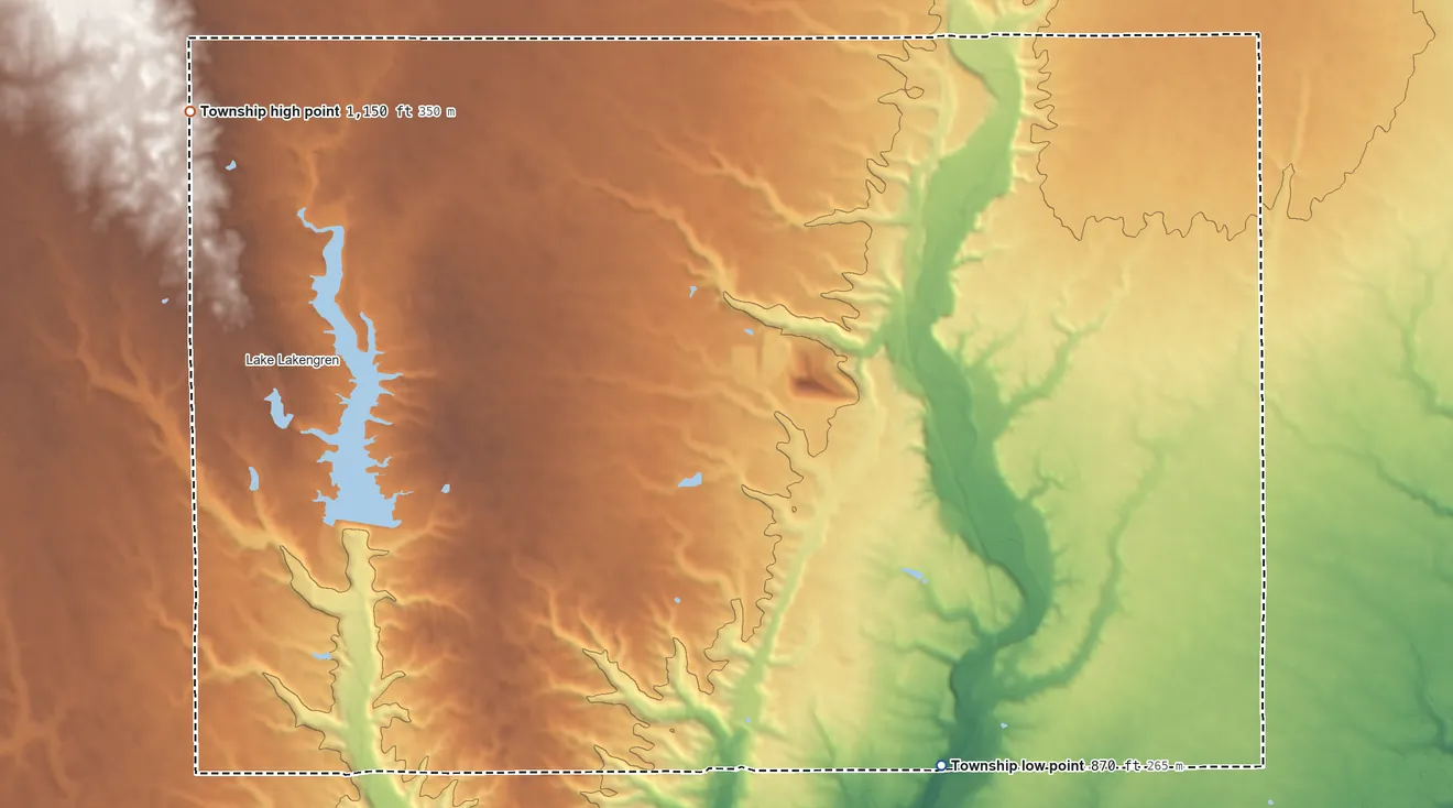 Topographic elevation map of Gasper Township, Ohio, shaded from 870 ft on the southeast side to 1,150 ft on the northwest side