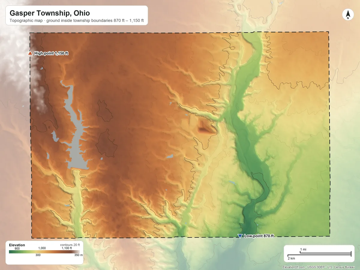 Topographic elevation map of Gasper Township, Ohio, shaded from 870 ft on the southeast side to 1,150 ft on the northwest side
