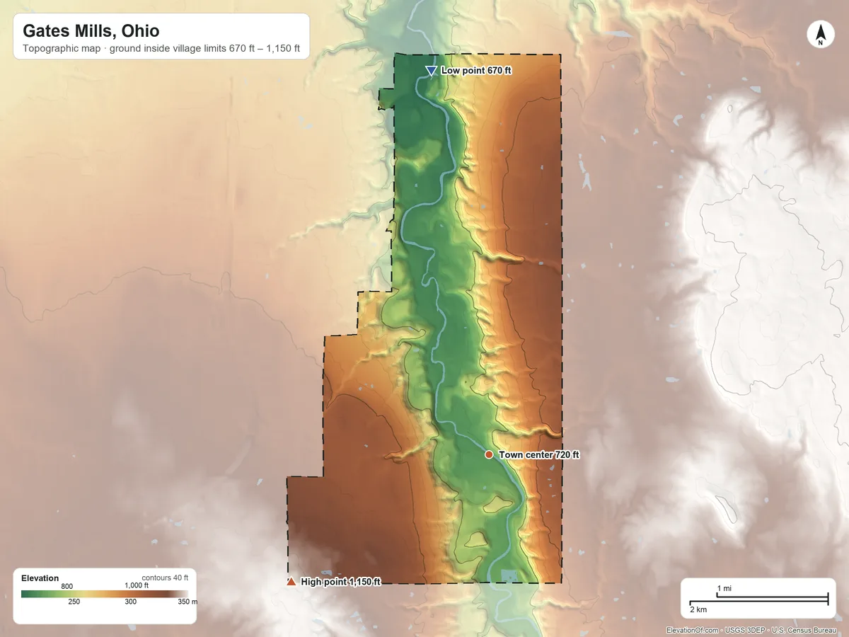 Topographic elevation map of Gates Mills, Ohio, shaded from 670 ft on the north side to 1,150 ft on the southwest side