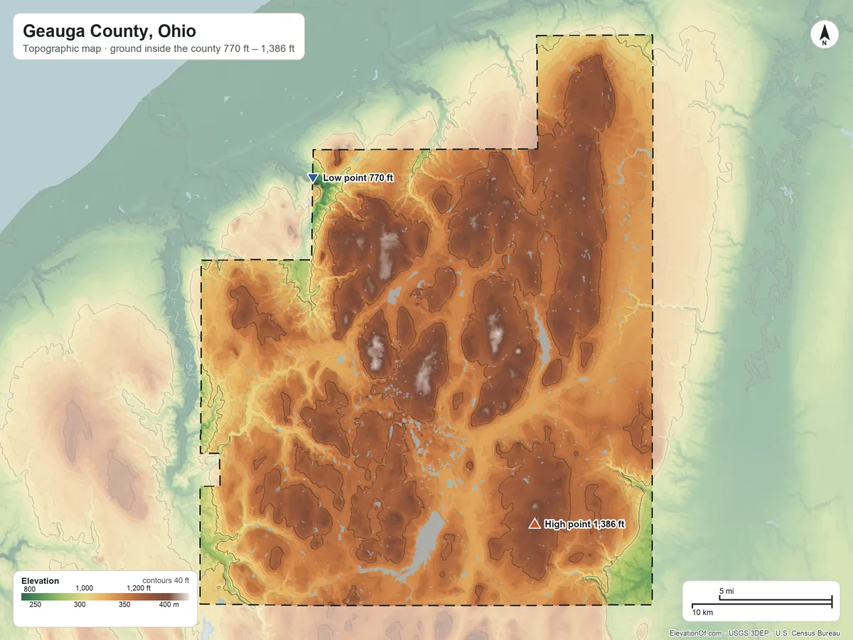 Topographic elevation map of Geauga County, Ohio, shaded from 770 ft on the northwest side to 1,386 ft on Sugarloaf