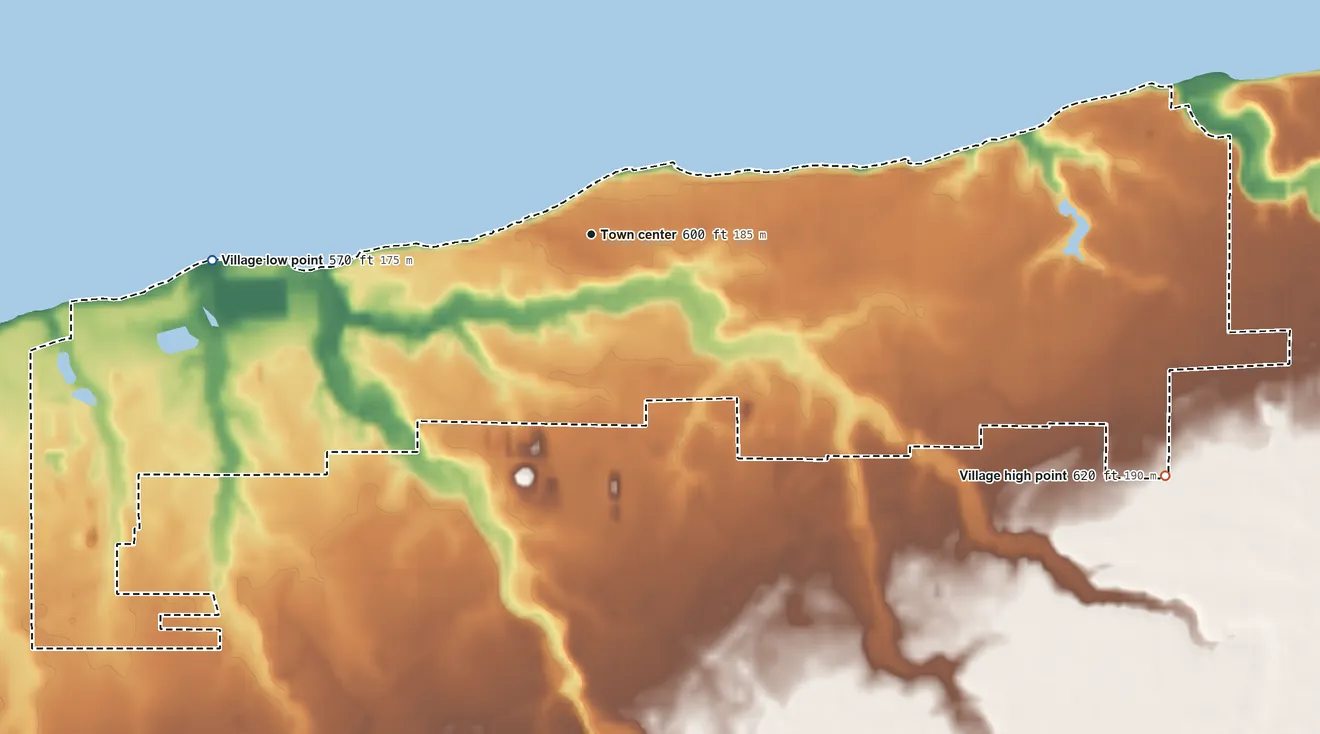 Topographic elevation map of Geneva-on-the-Lake, Ohio, shaded from 570 ft on the west side to 620 ft on the southeast side