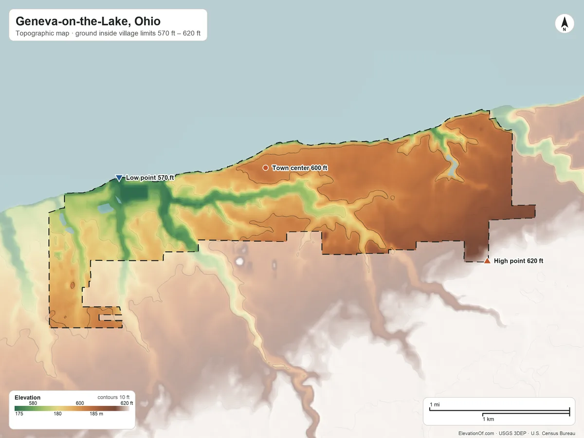 Topographic elevation map of Geneva-on-the-Lake, Ohio, shaded from 570 ft on the west side to 620 ft on the southeast side