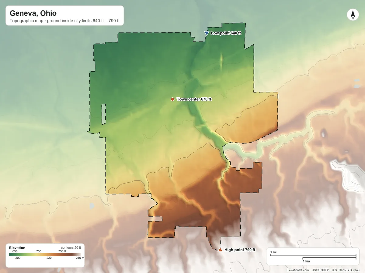 Topographic elevation map of Geneva, Ohio, shaded from 640 ft on the northeast side to 790 ft on the south side