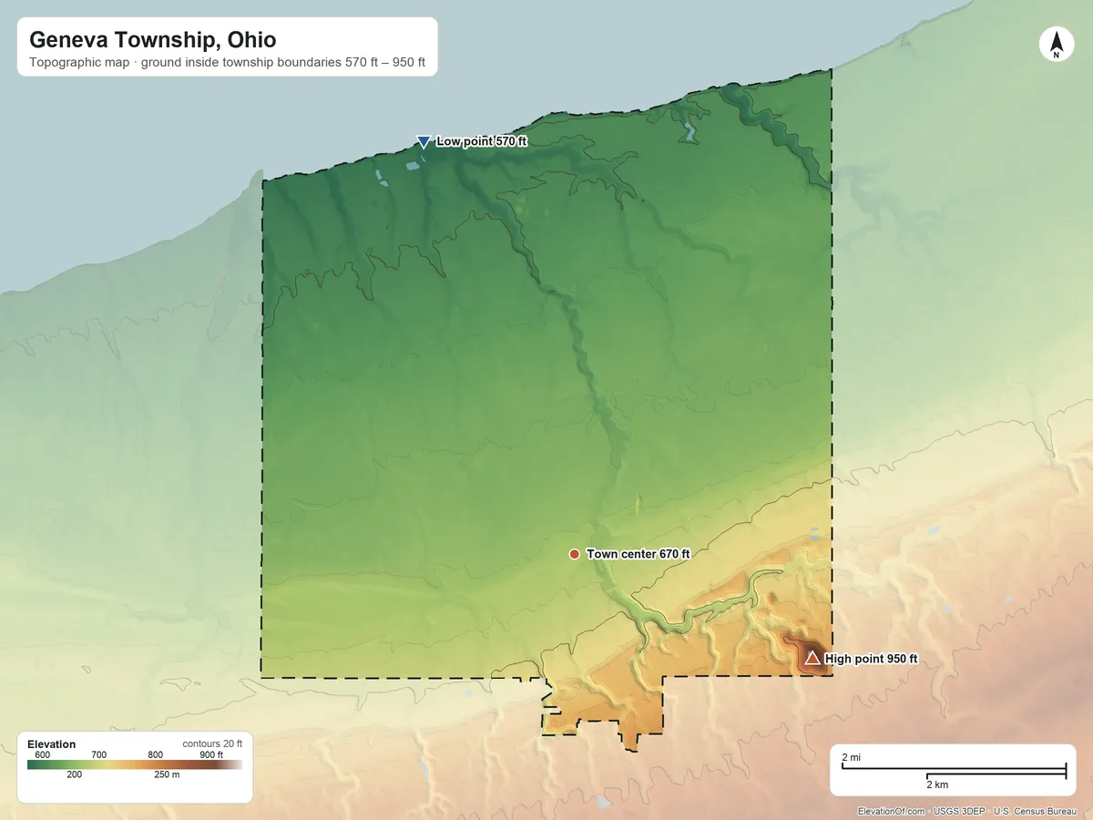 Topographic elevation map of Geneva Township, Ohio, shaded from 570 ft on the north side to 950 ft on the southeast side