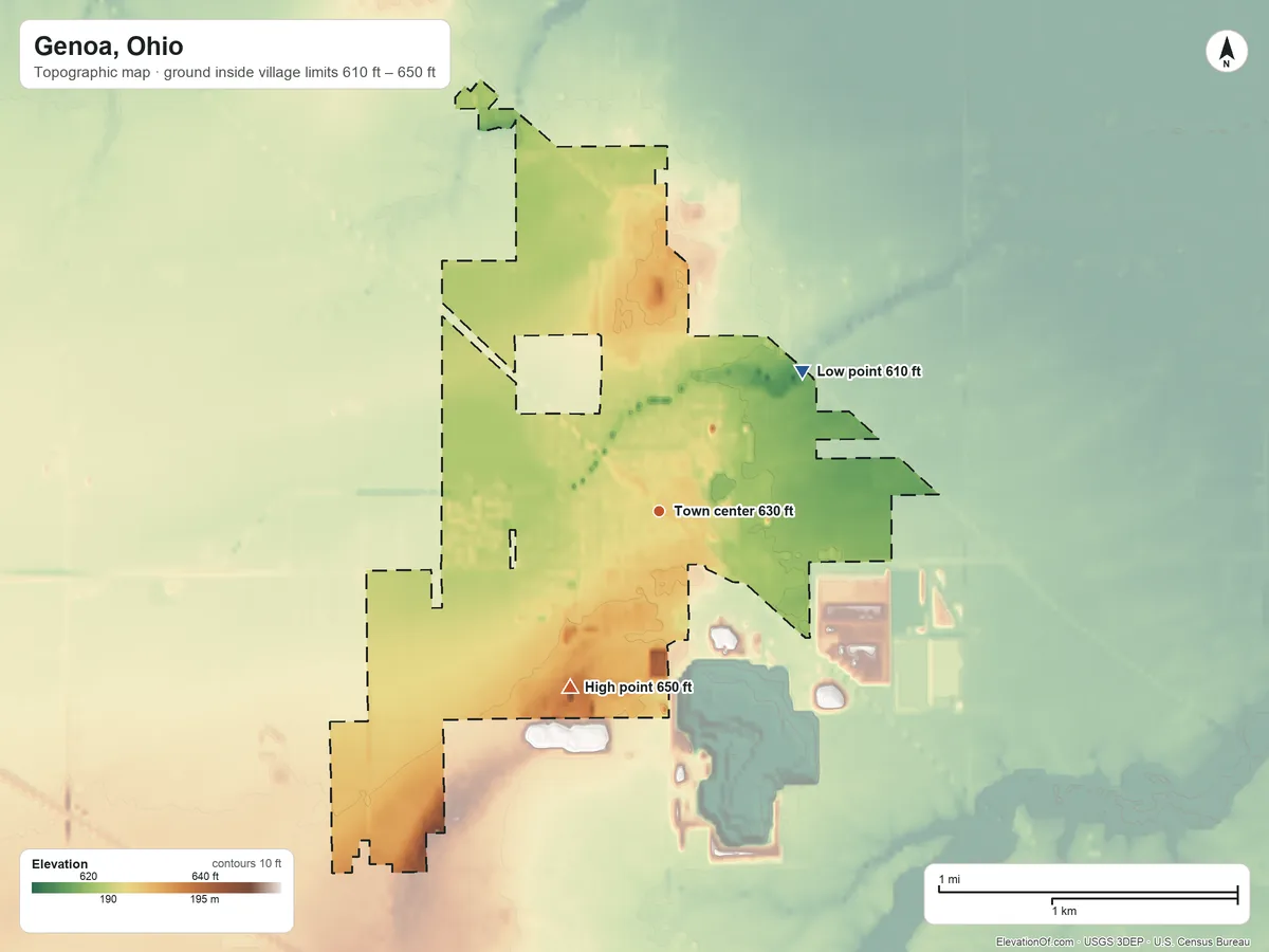 Topographic elevation map of Genoa, Ohio, shaded from 610 ft on the northeast side to 650 ft on the southwest side