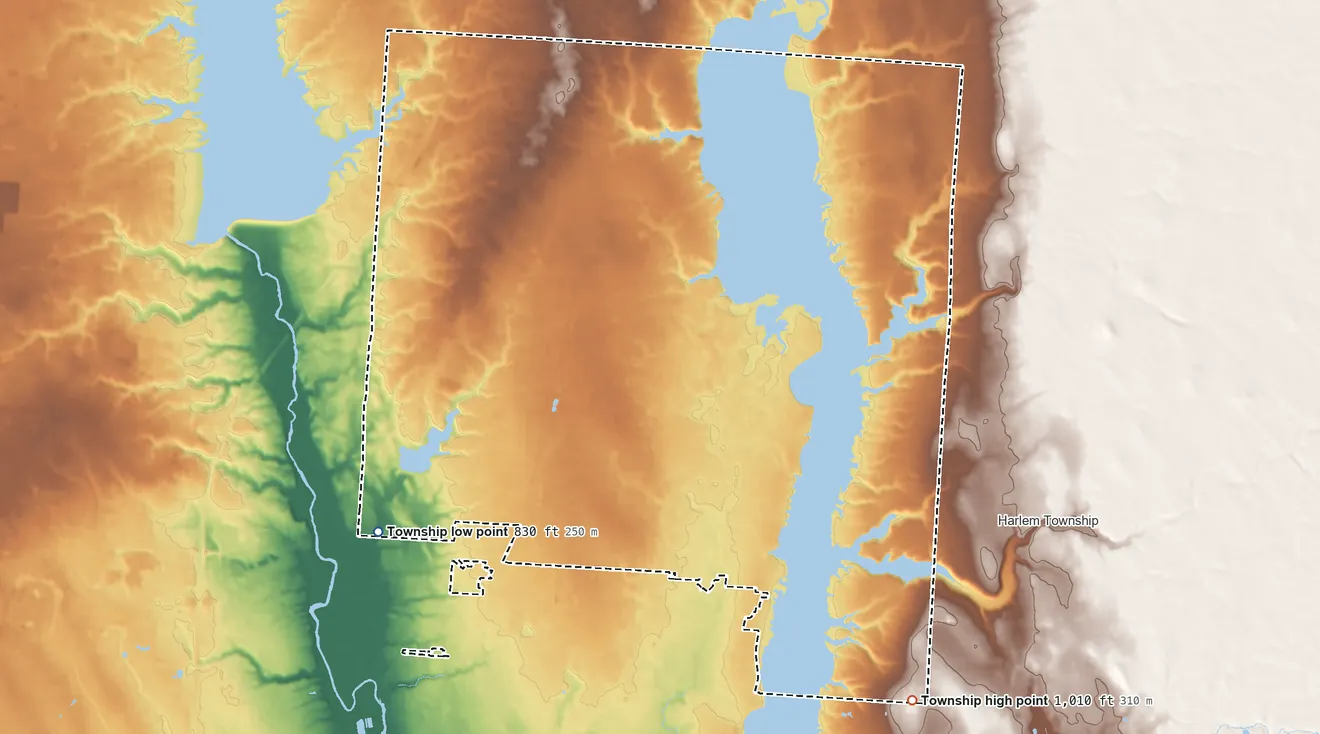 Topographic elevation map of Genoa Township, Ohio, shaded from 830 ft on the southwest side to 1,010 ft on the southeast side