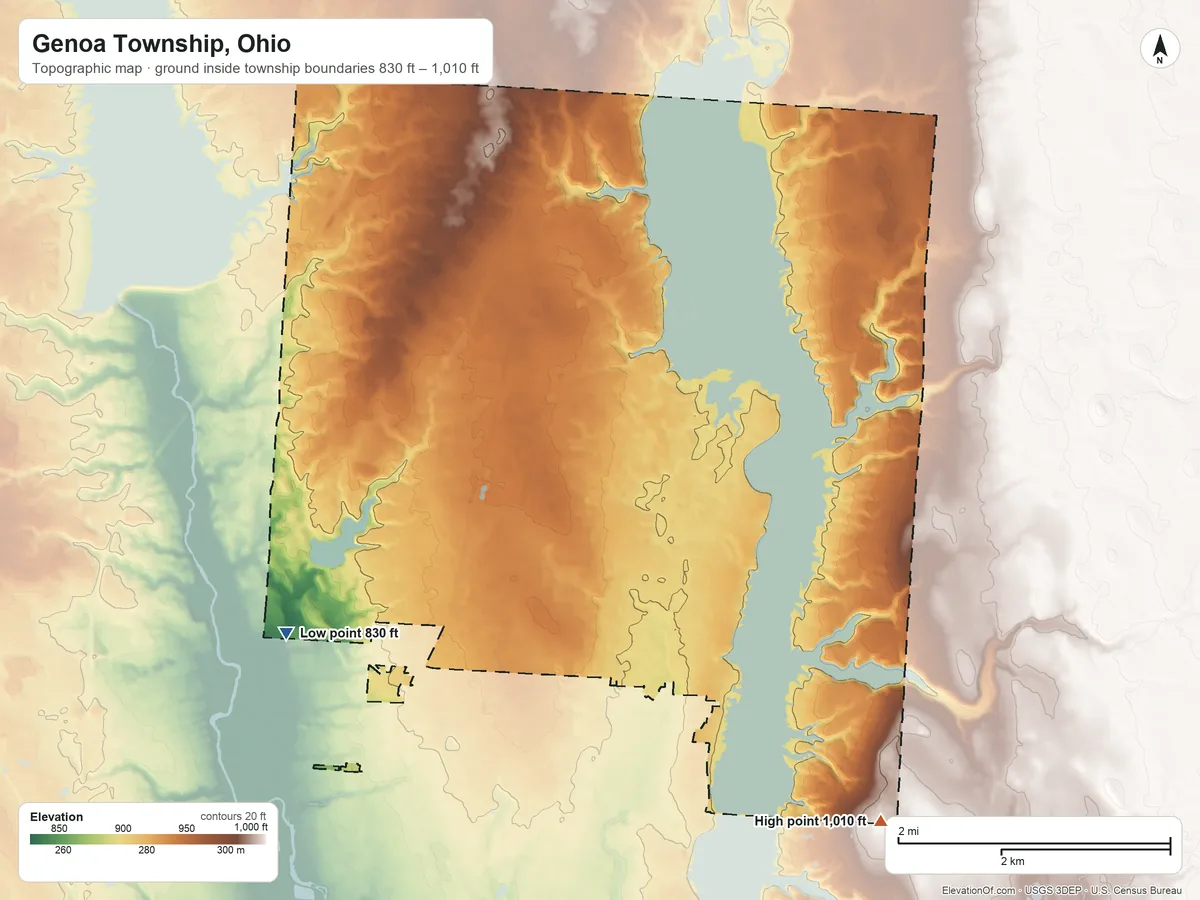 Topographic elevation map of Genoa Township, Ohio, shaded from 830 ft on the southwest side to 1,010 ft on the southeast side