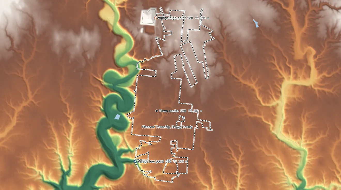 Topographic elevation map of Georgetown, Ohio, shaded from 690 ft on the southwest side to 980 ft on the north side