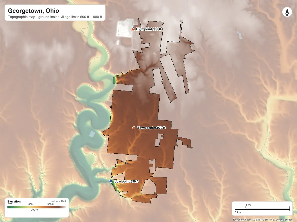 Topographic elevation map of Georgetown, Ohio, shaded from 690 ft on the southwest side to 980 ft on the north side