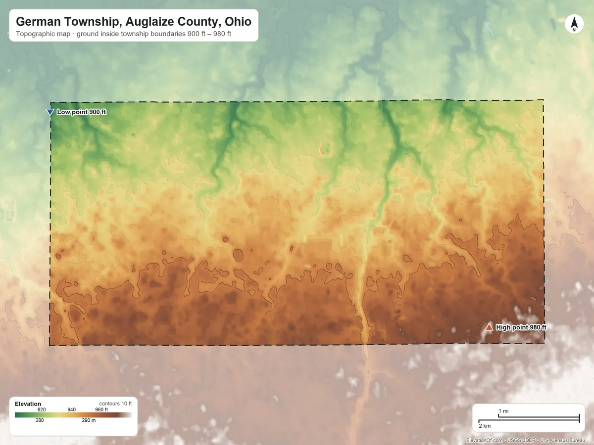 Topographic elevation map of German Township, Auglaize County, Ohio, shaded from 900 ft on the northwest side to 980 ft on the southeast side