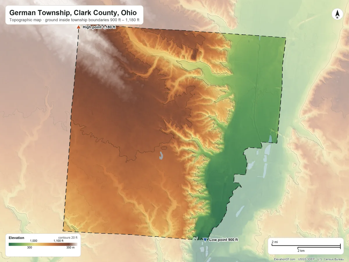 Topographic elevation map of German Township, Clark County, Ohio, shaded from 900 ft on the southeast side to 1,180 ft on the northwest side