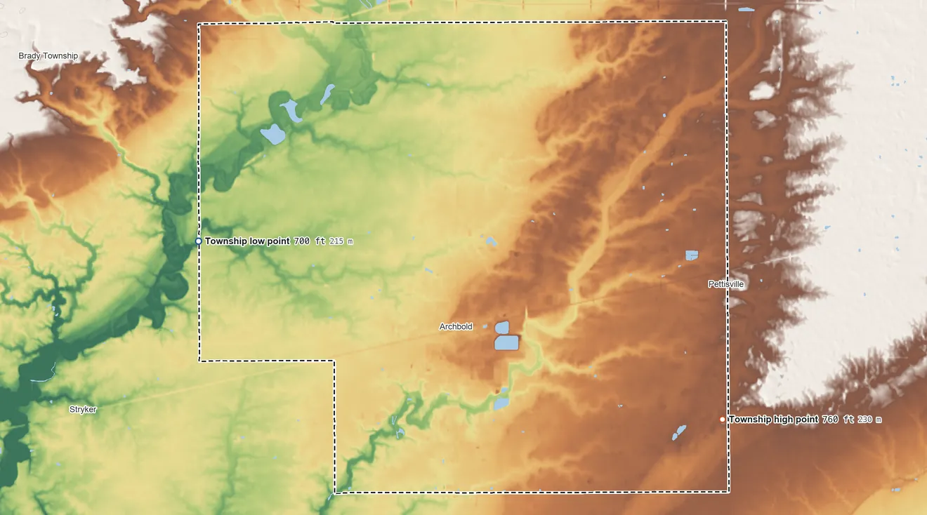 Topographic elevation map of German Township, Fulton County, Ohio, shaded from 700 ft on the west side to 760 ft on the southeast side