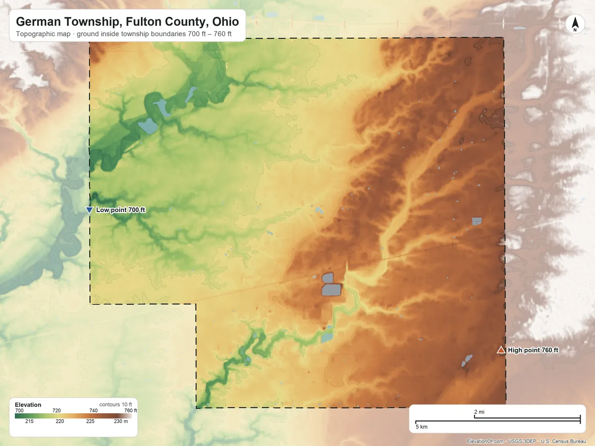 Topographic elevation map of German Township, Fulton County, Ohio, shaded from 700 ft on the west side to 760 ft on the southeast side