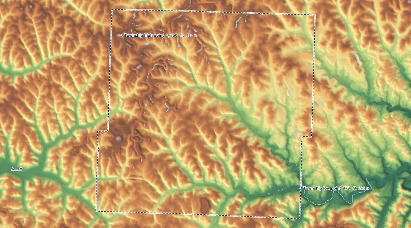 Topographic elevation map of German Township, Harrison County, Ohio, shaded from 970 ft on the southeast side to 1,360 ft on the northwest side
