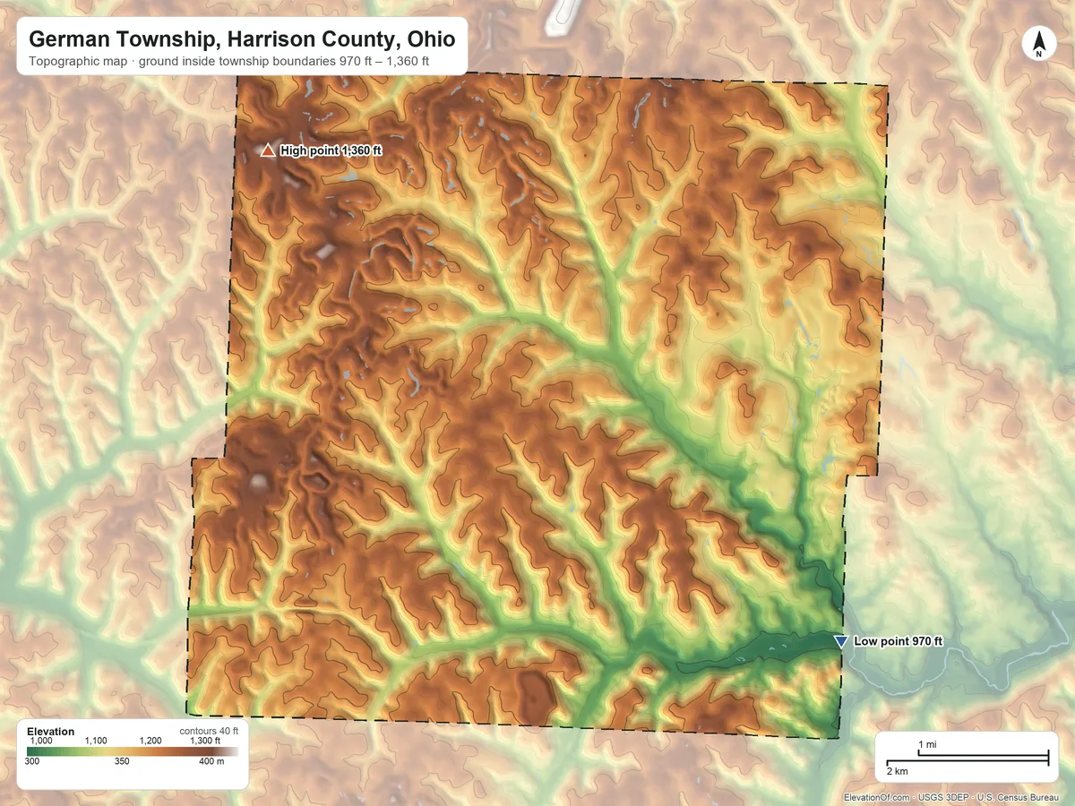 Topographic elevation map of German Township, Harrison County, Ohio, shaded from 970 ft on the southeast side to 1,360 ft on the northwest side