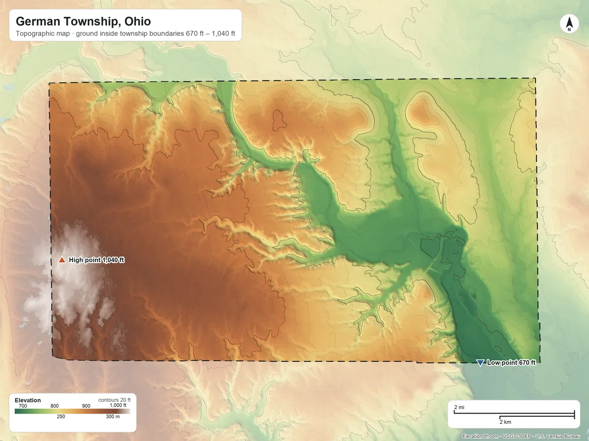 Topographic elevation map of German Township, Ohio, shaded from 670 ft on the southeast side to 1,040 ft on the west side