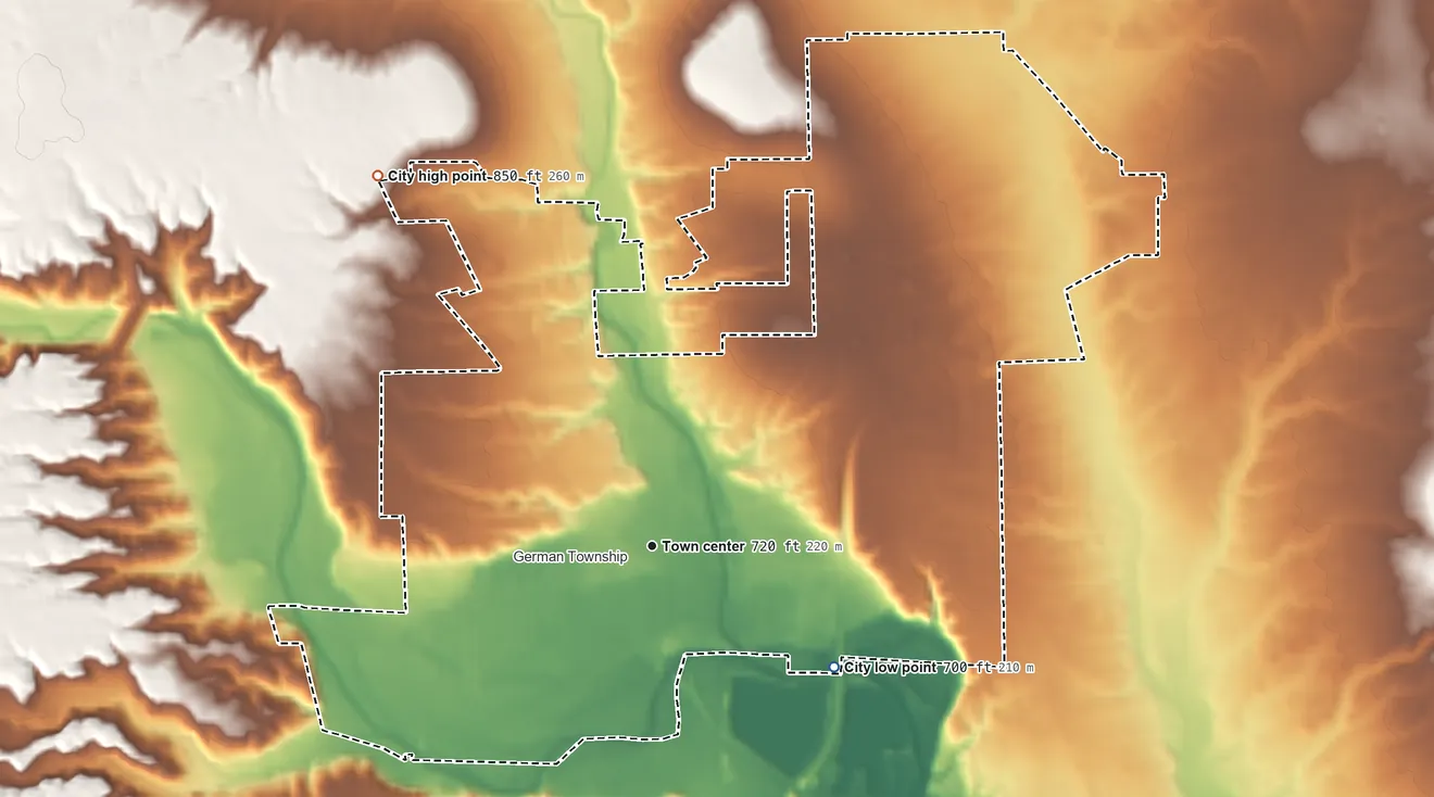 Topographic elevation map of Germantown, Ohio, shaded from 700 ft on the southeast side to 850 ft on the northwest side