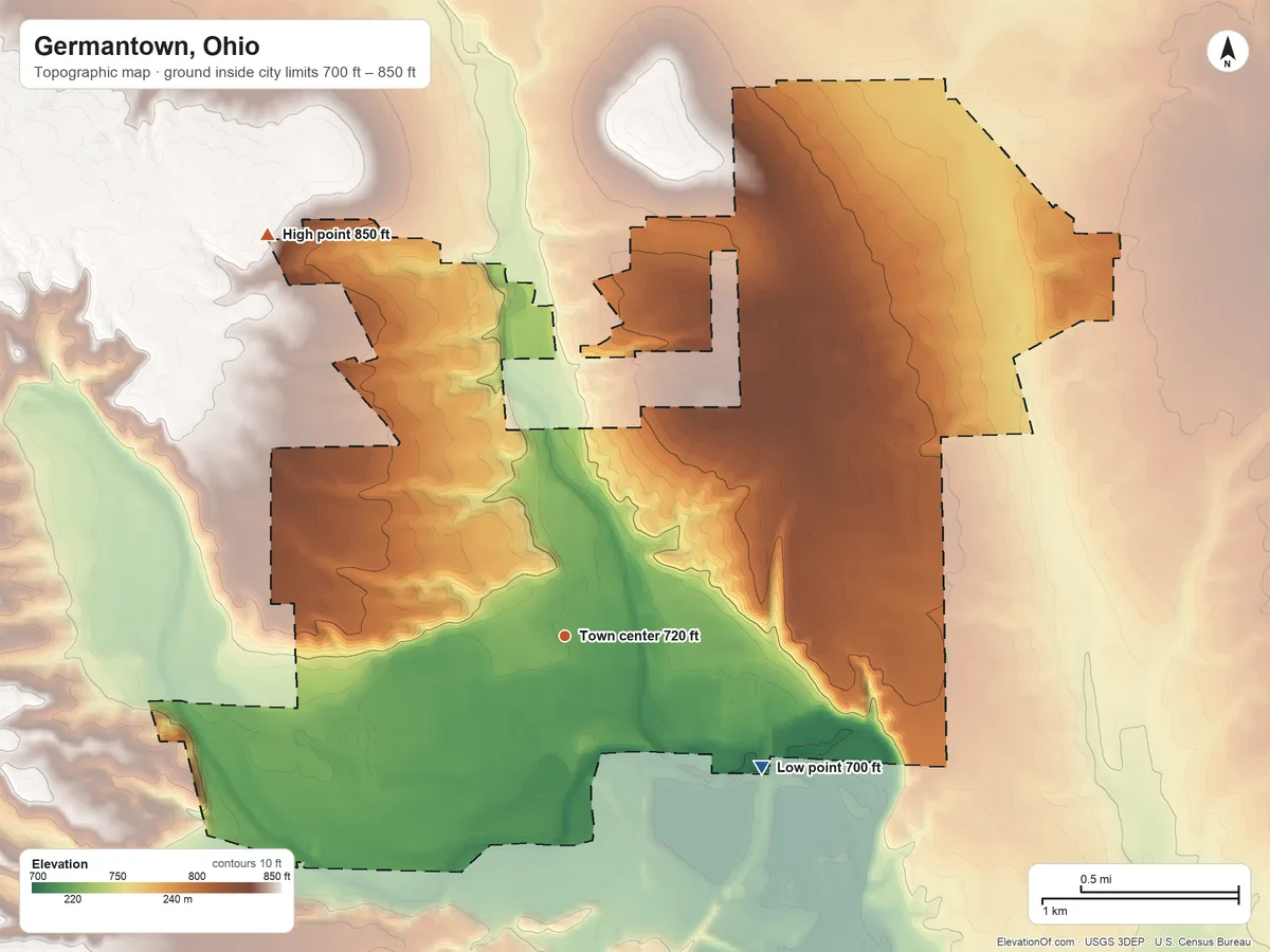 Topographic elevation map of Germantown, Ohio, shaded from 700 ft on the southeast side to 850 ft on the northwest side
