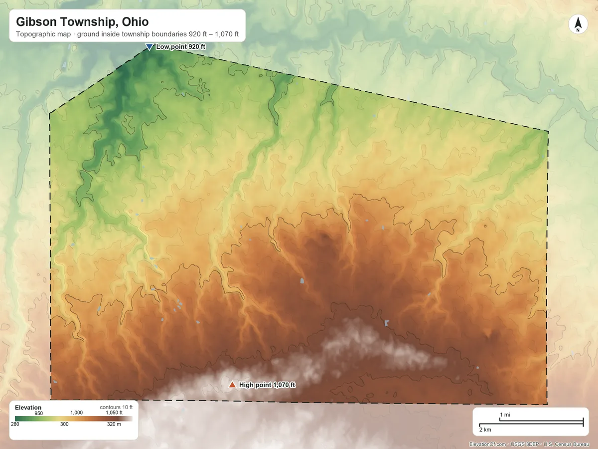 Topographic elevation map of Gibson Township, Ohio, shaded from 920 ft on the northwest side to 1,070 ft on the south side