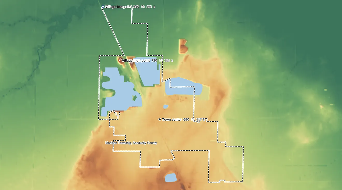 Topographic elevation map of Gibsonburg, Ohio, shaded from 640 ft on the northwest side to 730 ft on the northwest side
