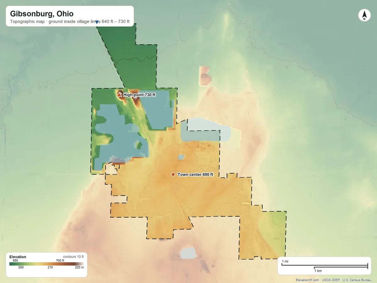Topographic elevation map of Gibsonburg, Ohio, shaded from 640 ft on the northwest side to 730 ft on the northwest side