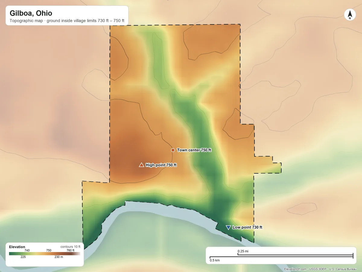 Topographic elevation map of Gilboa, Ohio, shaded from 730 ft on the southeast side to 750 ft on the southwest side