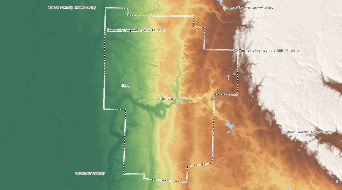 Topographic elevation map of Gilead Township, Ohio, shaded from 1,030 ft on the northwest side to 1,300 ft on the northeast side