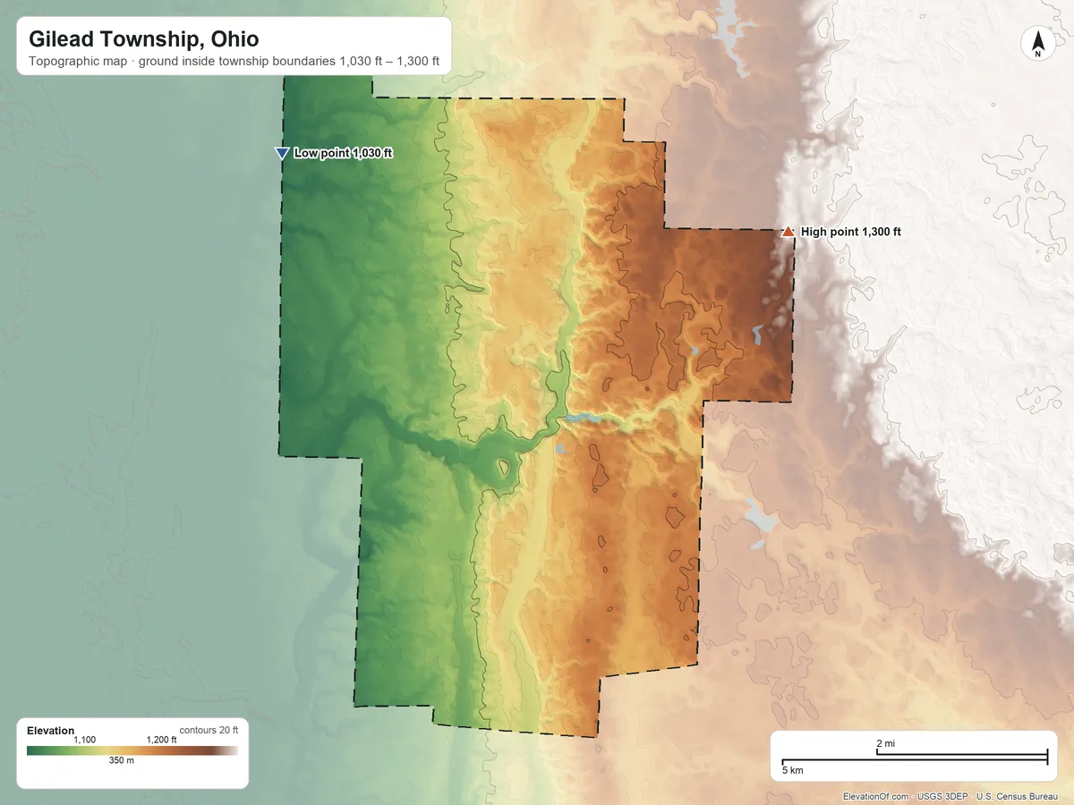 Topographic elevation map of Gilead Township, Ohio, shaded from 1,030 ft on the northwest side to 1,300 ft on the northeast side