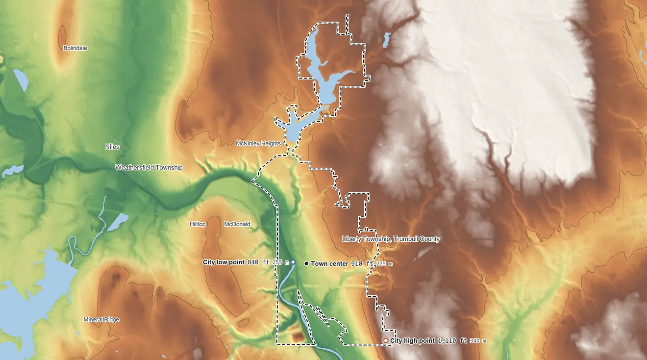 Topographic elevation map of Girard, Ohio, shaded from 840 ft near the middle to 1,110 ft on the southeast side
