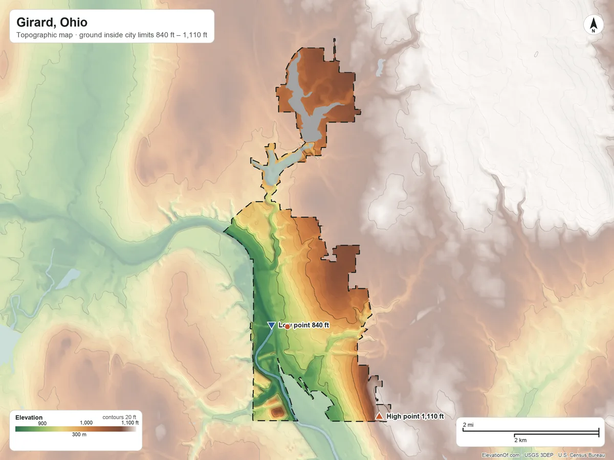 Topographic elevation map of Girard, Ohio, shaded from 840 ft near the middle to 1,110 ft on the southeast side