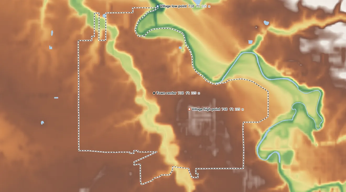 Topographic elevation map of Glandorf, Ohio, shaded from 710 ft on the north side to 740 ft on the southeast side