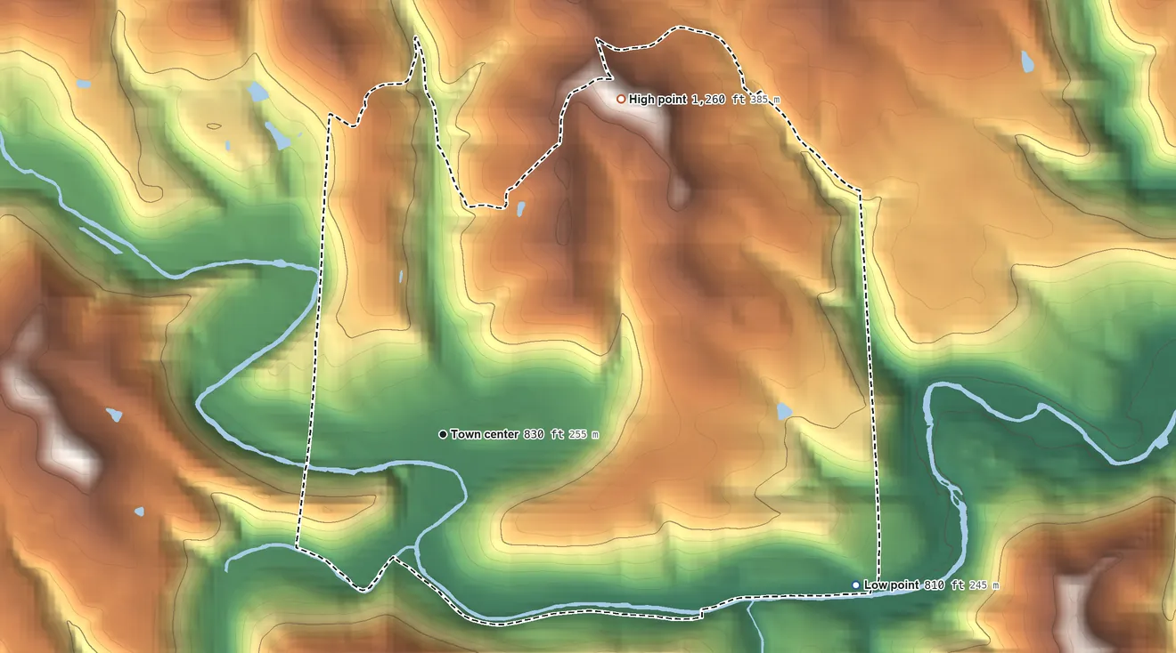 Topographic elevation map of Glencoe, Ohio, shaded from 810 ft on the east side to 1,260 ft on the northeast side