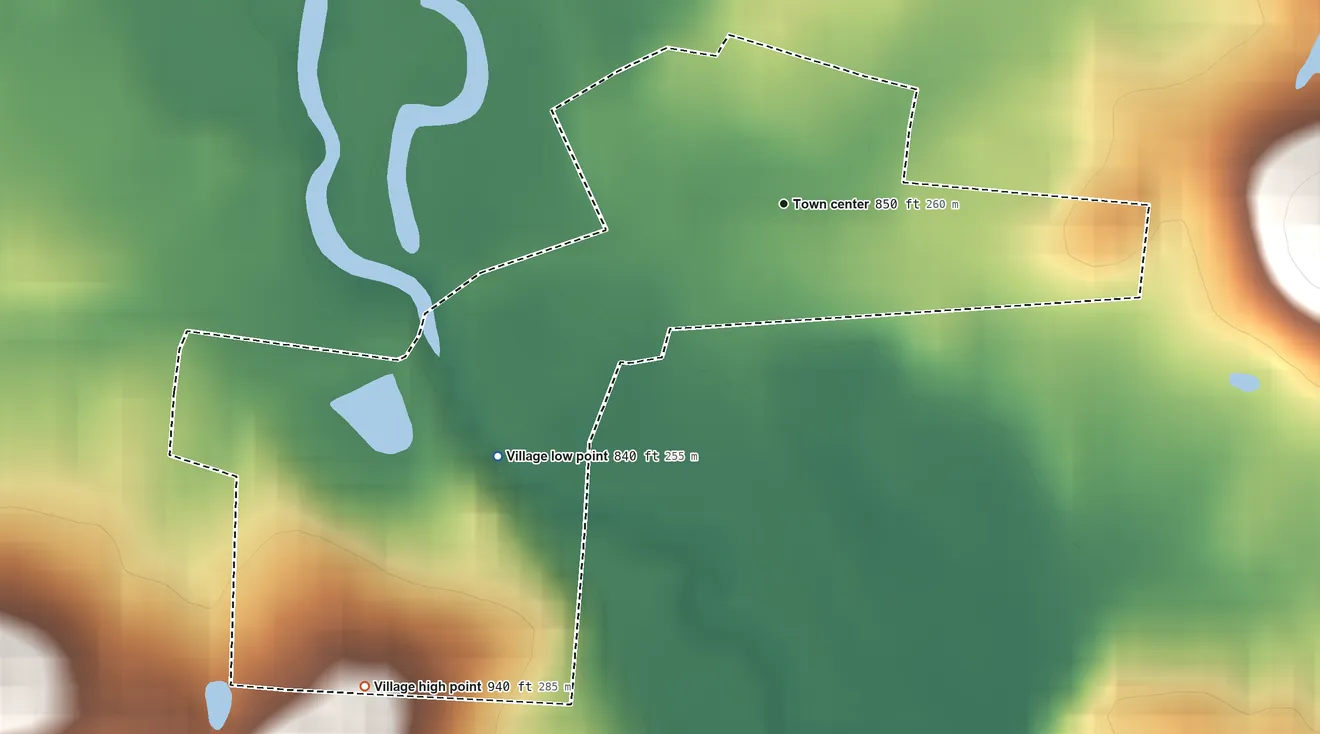 Topographic elevation map of Glenford, Ohio, shaded from 840 ft on the southwest side to 940 ft on the southwest side