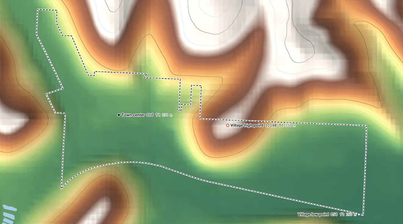 Topographic elevation map of Glenmont, Ohio, shaded from 850 ft on the southeast side to 1,140 ft on the east side
