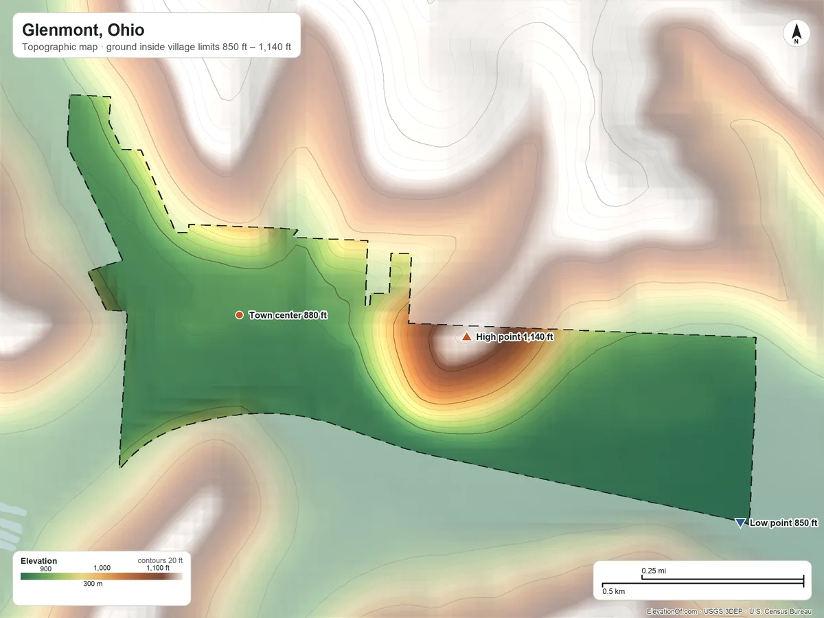Topographic elevation map of Glenmont, Ohio, shaded from 850 ft on the southeast side to 1,140 ft on the east side