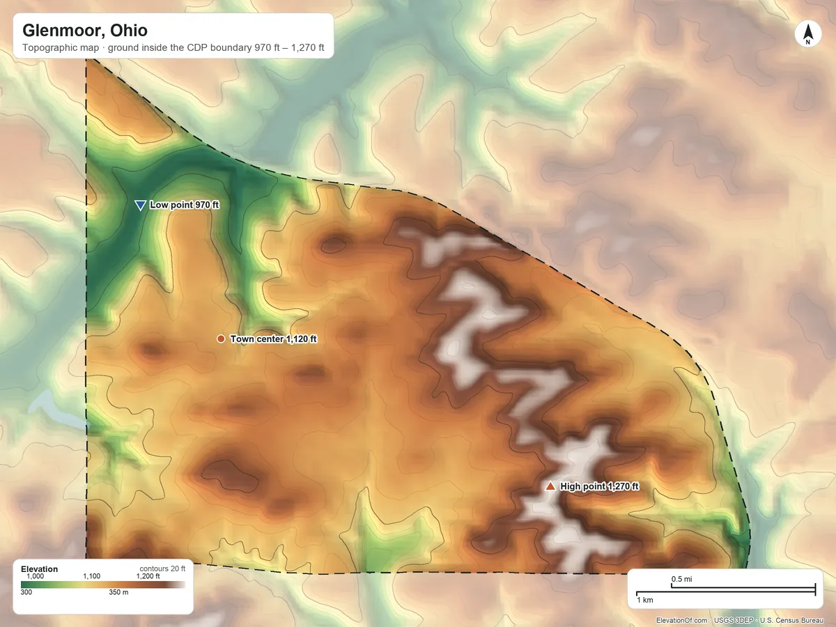 Topographic elevation map of Glenmoor, Ohio, shaded from 970 ft on the northwest side to 1,270 ft on the southeast side