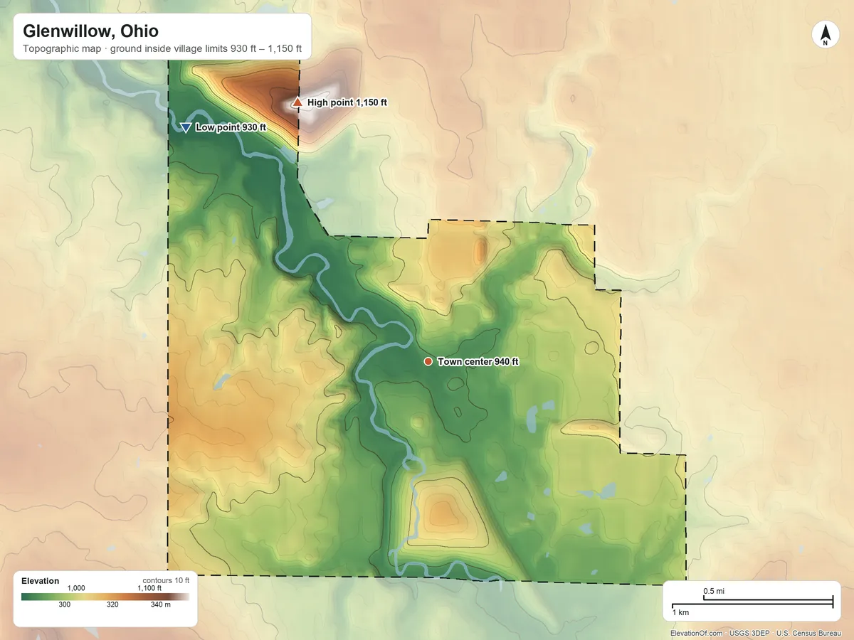 Topographic elevation map of Glenwillow, Ohio, shaded from 930 ft on the northwest side to 1,150 ft on the northwest side