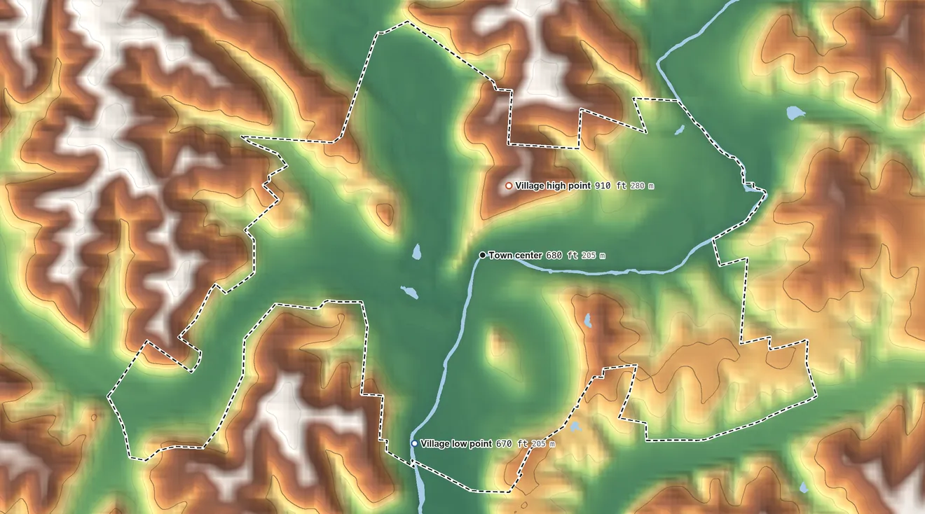 Topographic elevation map of Glouster, Ohio, shaded from 670 ft on the south side to 910 ft near the middle